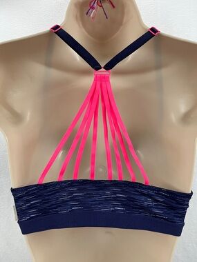 Pink Strappy Front Sports Bra with Navy Band -Push Up